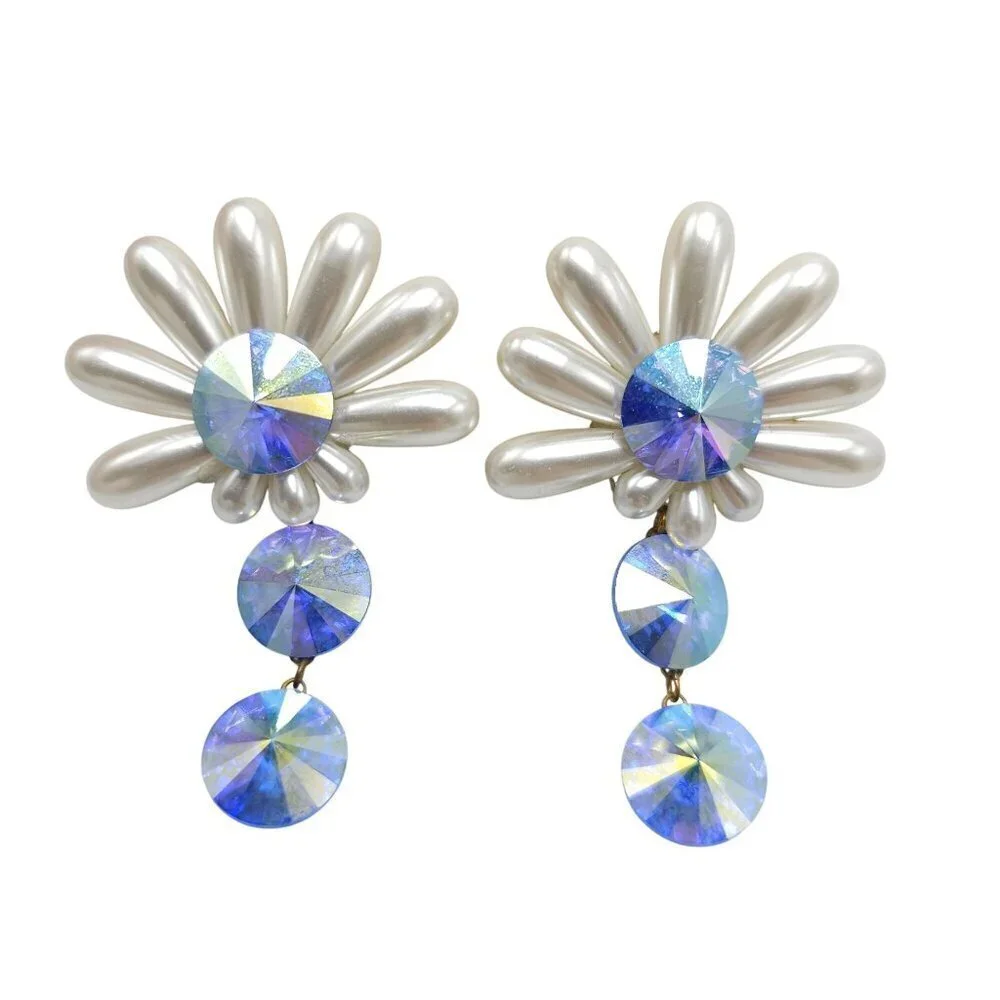Vintage Faux Pearl Blue Iridescent Crystal Clip-On Dangle Earrings